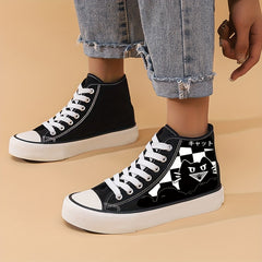 Cartoon Cat & Plaid Canvas High Top Shoes for Women