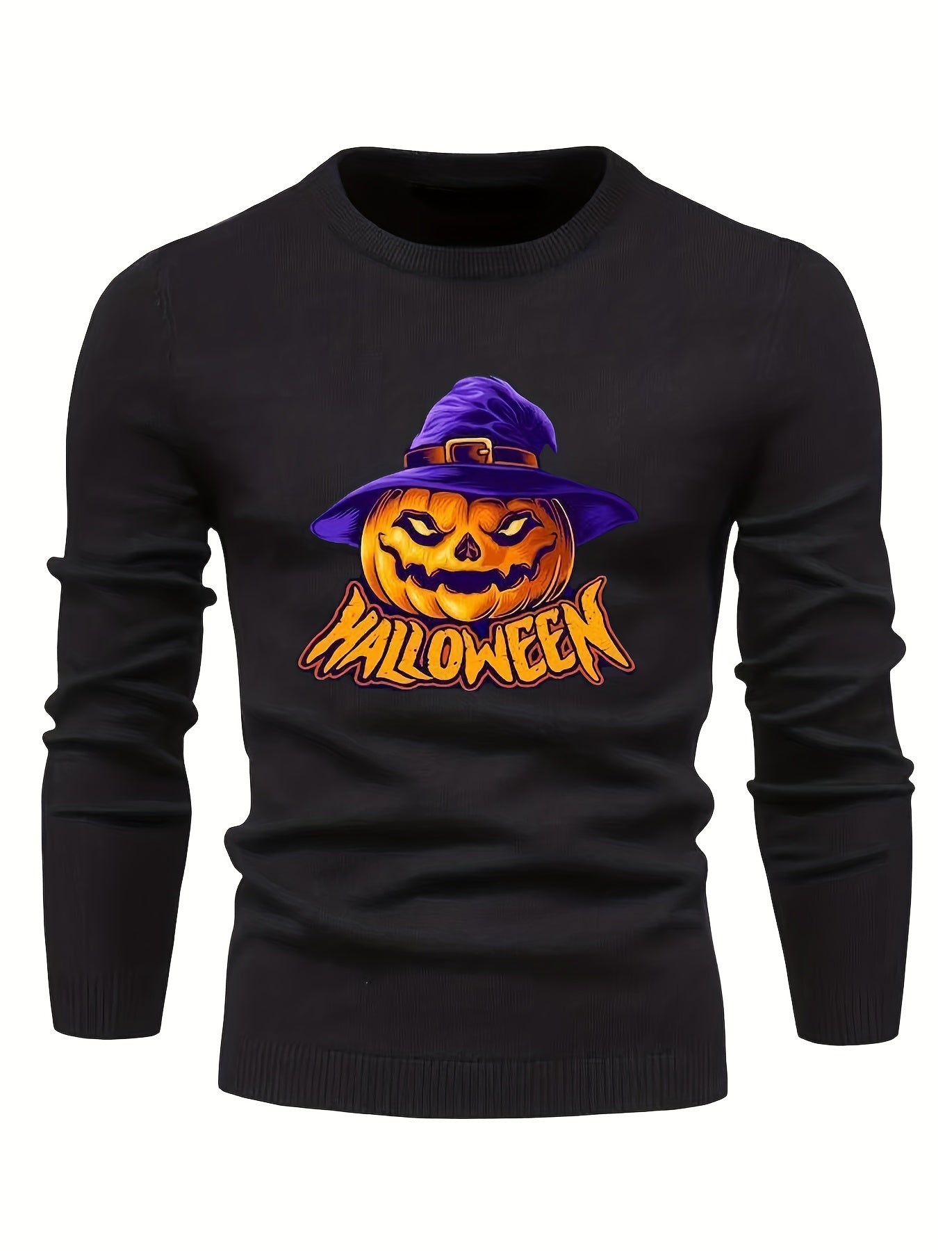 Cartoon Pumpkin Jack O Lantern With Wizard Hat Slim Fit Sweater