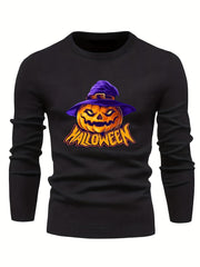 Cartoon Pumpkin Jack O Lantern With Wizard Hat Slim Fit Sweater