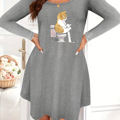 Cat Print Long Sleeve Nightdress Round Neck High Stretch Sleep Dress