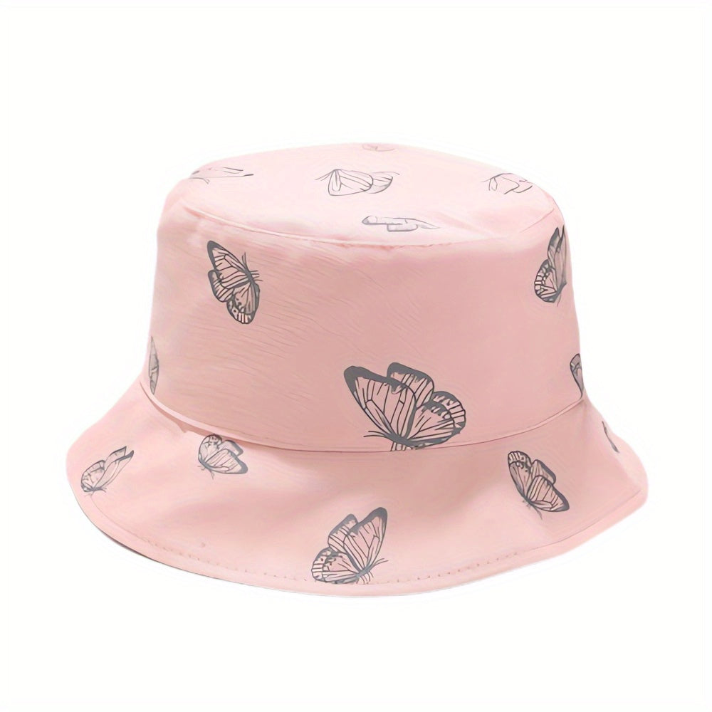 Butterfly Print Bucket Hat Women Reversible Sun Cap Sunscreen