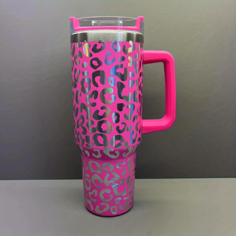 40oz Stainless Steel Insulated Car Cup Leopard Print Handle Straw Hand Wash