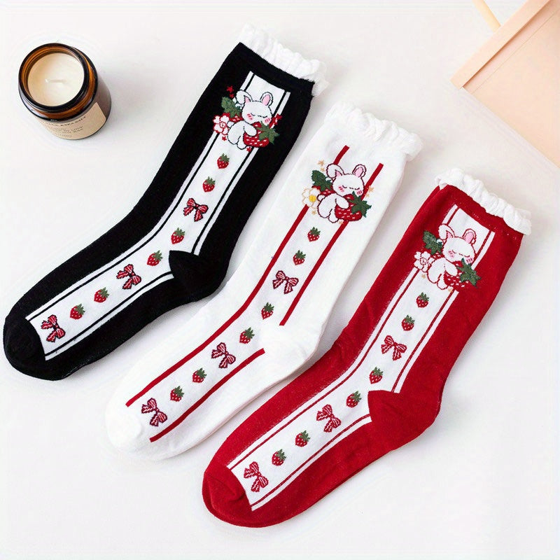 3 Pairs Bunny Print Socks Cute & Ruffle Women's Stockings