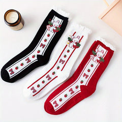 3 Pairs Bunny Print Socks Cute & Ruffle Women's Stockings