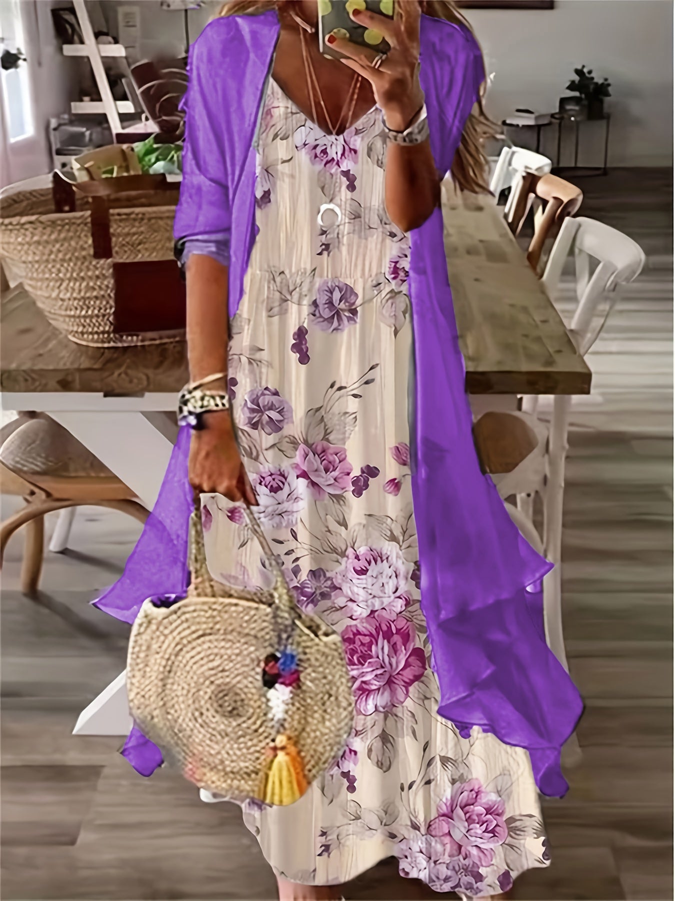 Two Piece Dress Set Cover Up & Floral Print Dress Women's Clothing