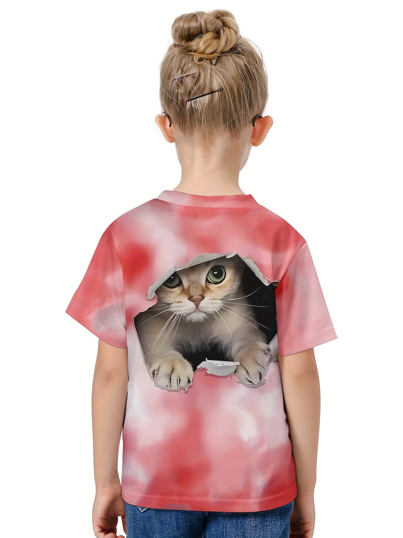 3D Cat Graphic Short Sleeve T shirt Girls Summer Sports
