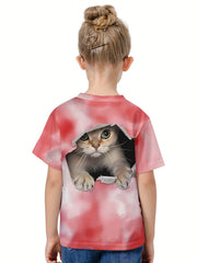3D Cat Graphic Short Sleeve T shirt Girls Summer Sports