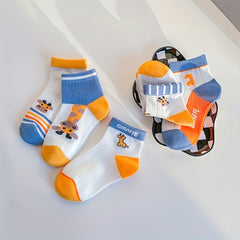 5 Pairs Boys Cartoon Giraffe Print Knit Socks Thin Breathable Crew Socks