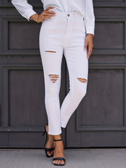 Ripped Holes Skinny Jeans Slim Fit Mid Stretch Ankle Length Jeans