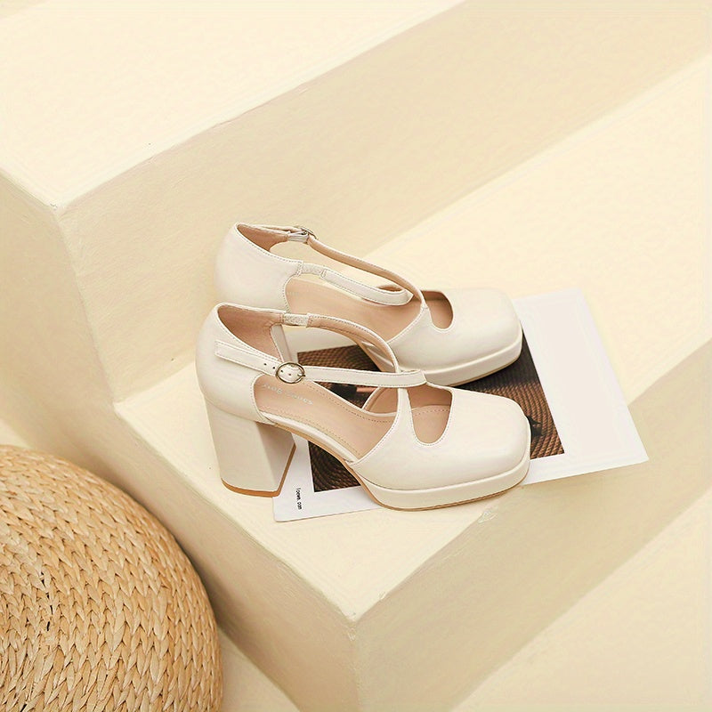 Solid Block Heeled Pumps Square Toe Dress Pumps Cross Buckle Strap Heels