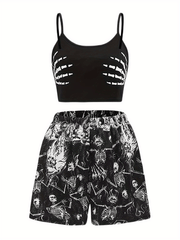 Gothic Skull Print Cami Top & Shorts Set