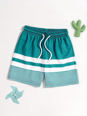 Boys Beach Pants Strip Print Drawstring Elastic Waist Swim Trunks