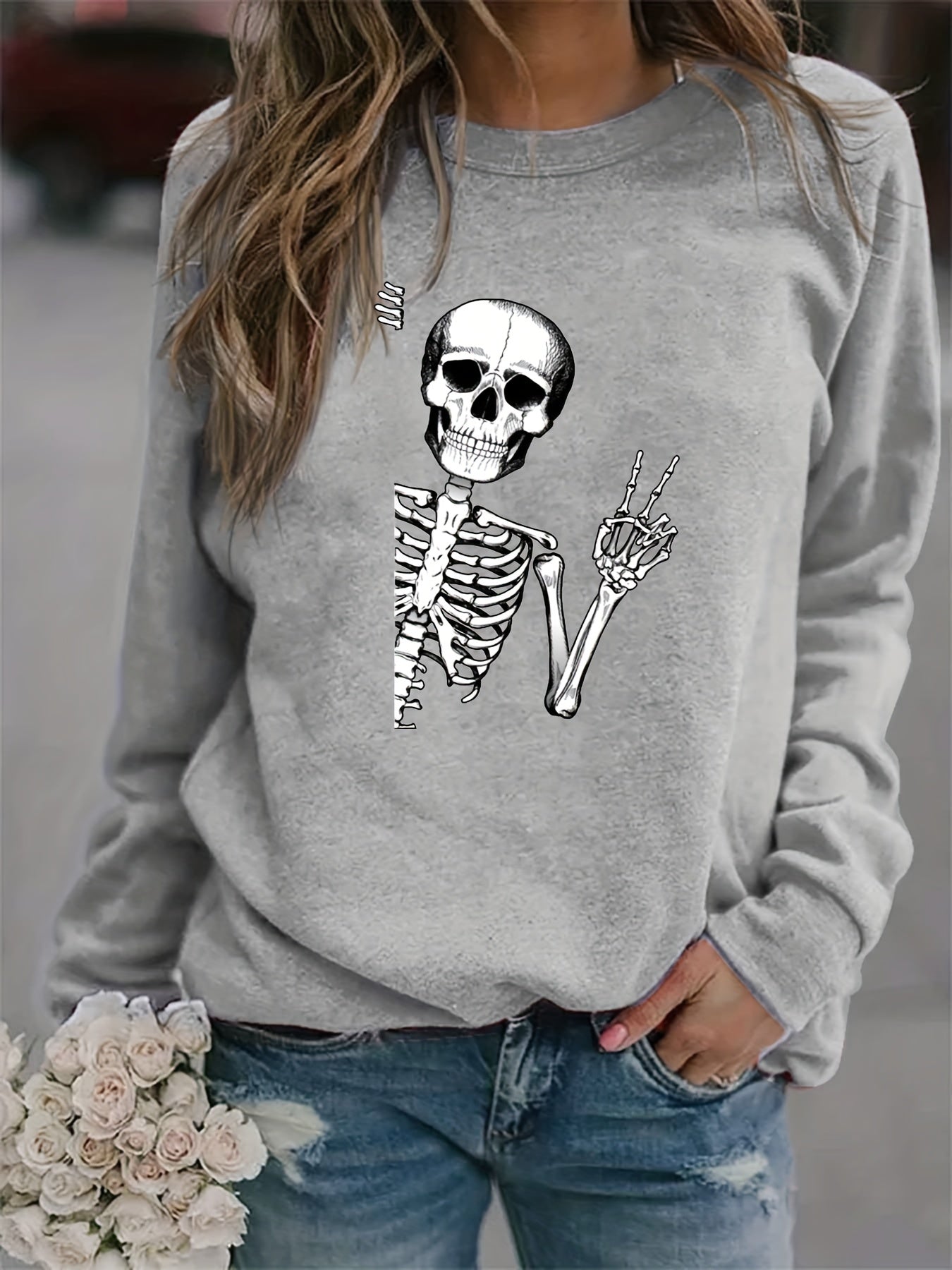 Halloween Skull Printed Sweatshirt for Women