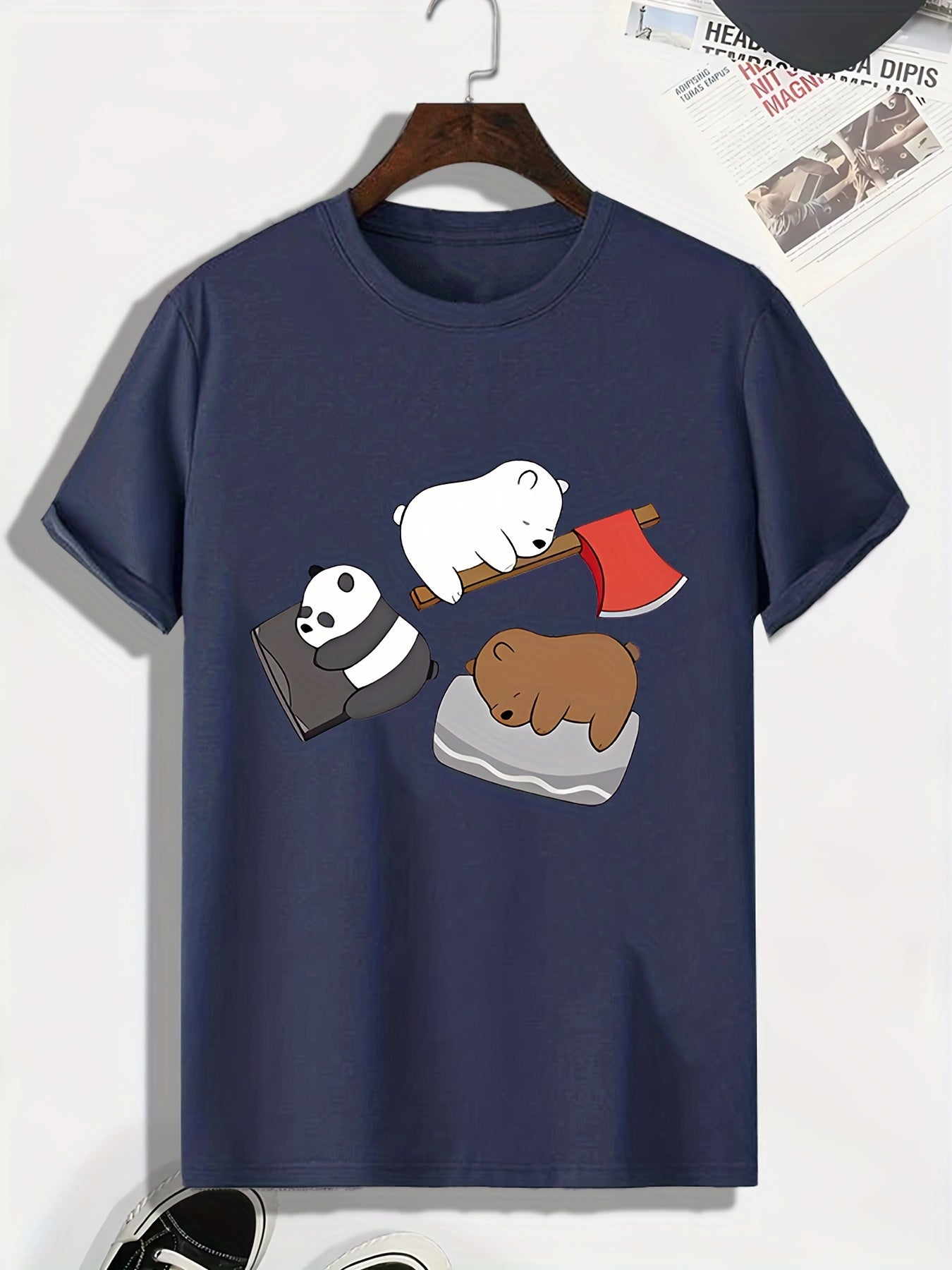 Men's Cartoon Bear Pattern T shirt Casual Slightly Stretch Tee