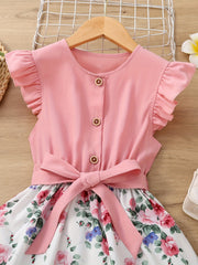 Toddler Girls Ruffled Sleeve Floral Princess Dress for Party Beach Vacation