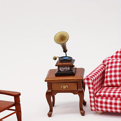 1:12 Scale Vintage Bedside Table with Retro Radio & Golden Accents