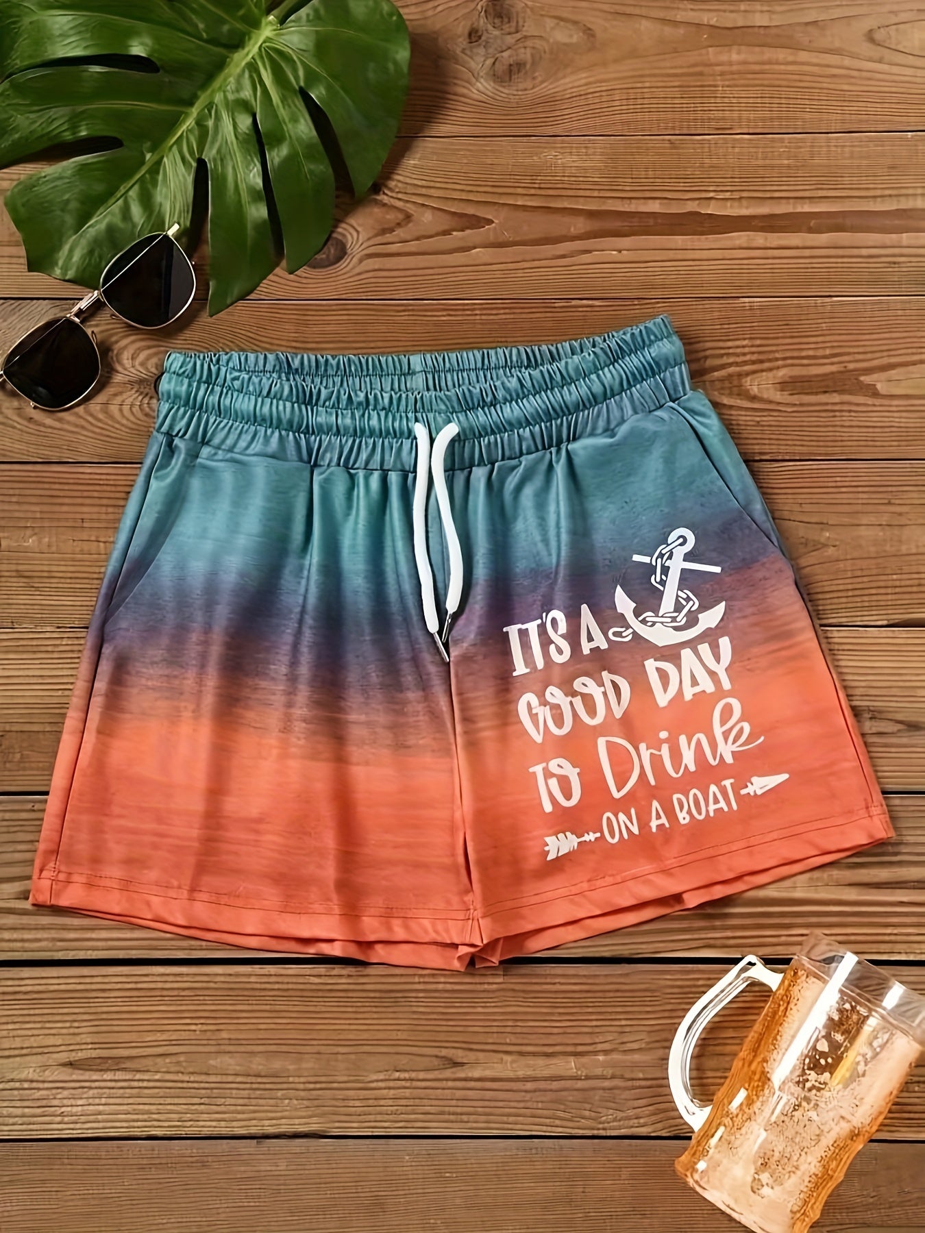 Anchor & Letter Print Wide Leg Summer Shorts Women's Clothing