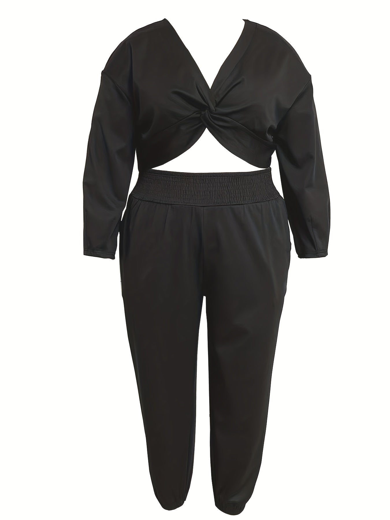Solid Twist Front Crop Top & Tapered Leg Pants Outfit