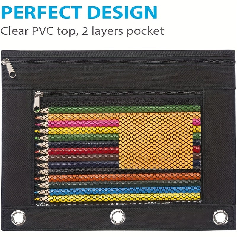 7pcs Zipper Pencil Pouches With Iron Rings For 3 Hole Binder