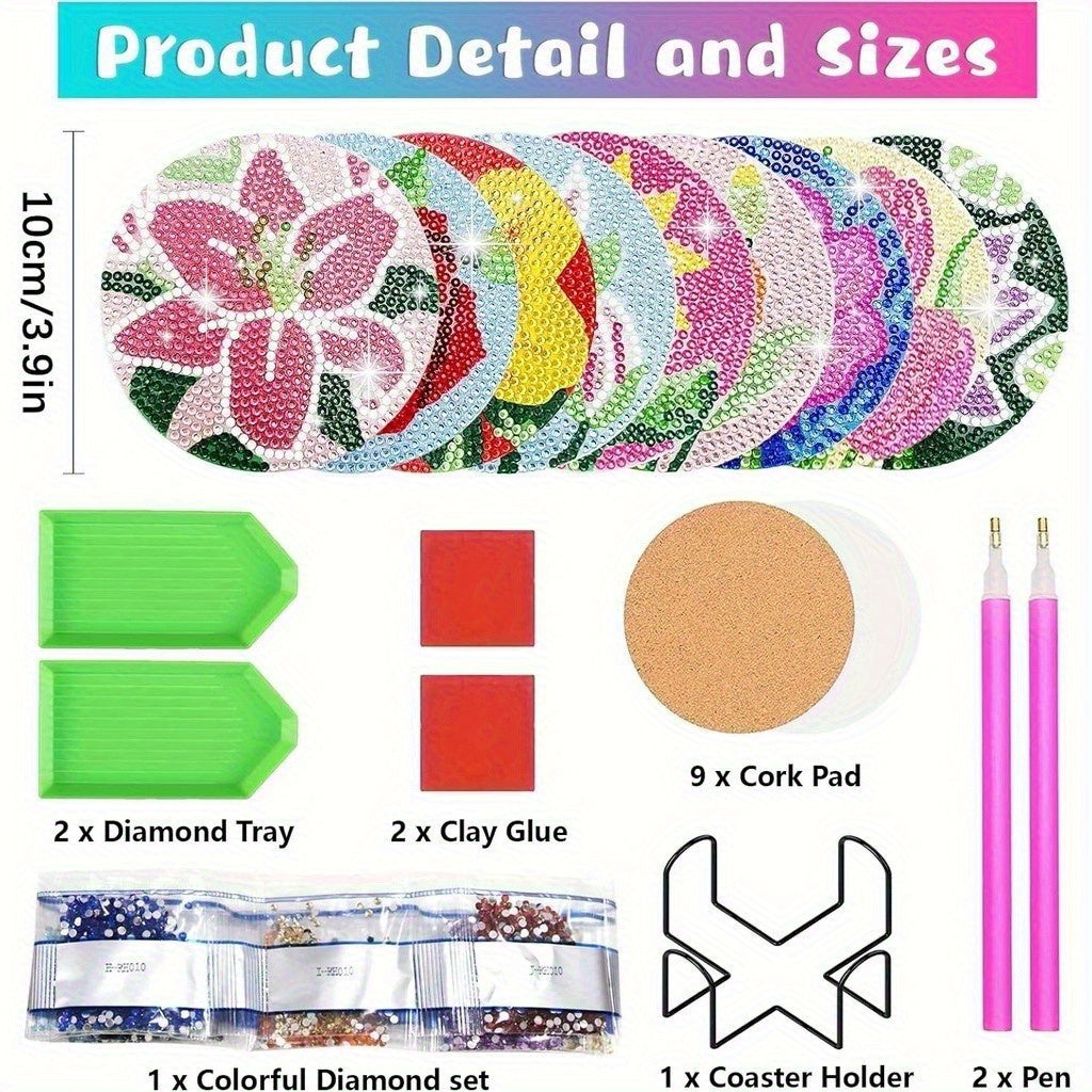 DIY Floral Theme Rhinestone Coasters Set