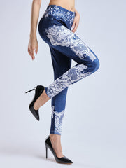 Denim Print Skinny Leggings Elastic Waist Stretchy Women's Clothing