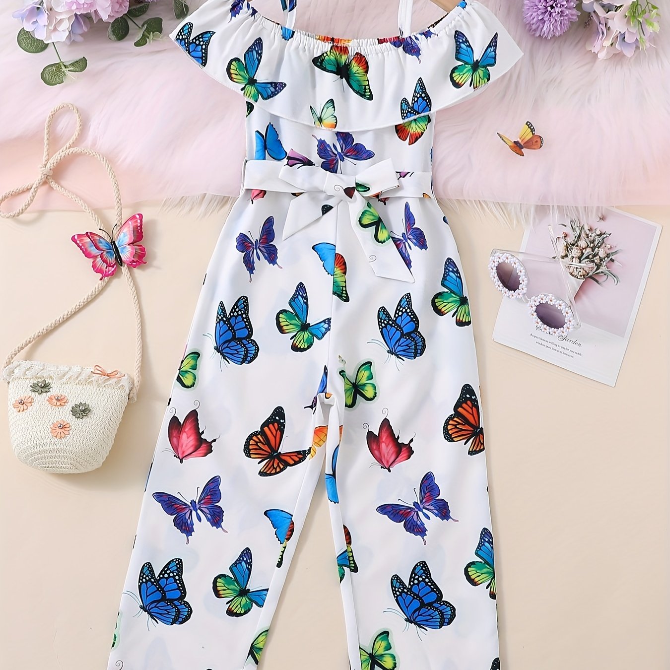 Girls Ruffled Romper Butterfly Graphic Jumpsuit