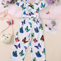 Girls Ruffled Romper Butterfly Graphic Jumpsuit