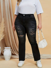 Plus Solid Ripped High Rise Button Fly High Stretch Flared Leg Jeans