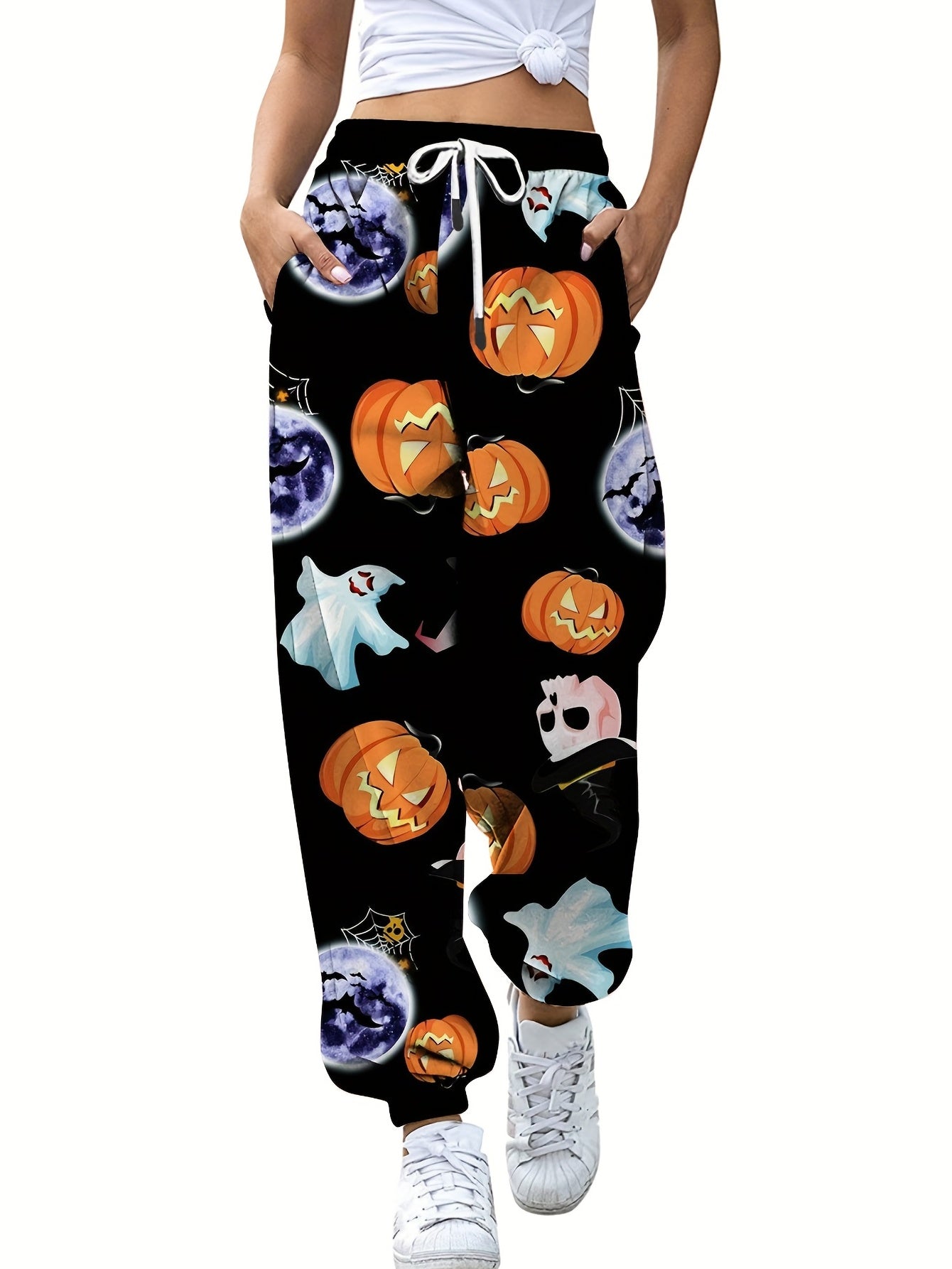Pumpkin Print Halloween Drawstring Pants Women's Clothing