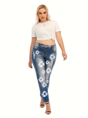 Floral Print Ripped Straight Leg Jeans