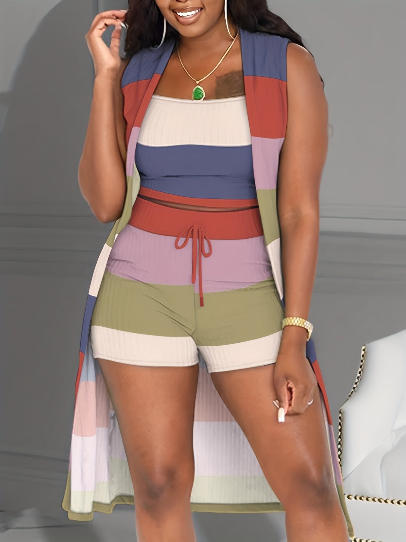 Casual Block Two piece Set Sleeveless Coat Cami Top Drawstring Shorts
