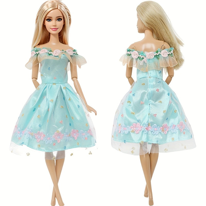 3-Pack Princess Party Dresses for 11" Dolls - Green Yellow Floral Print