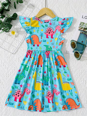 Girls' Cactus & Dino Allover Dress - Comfy Casual Party Vacation Dress