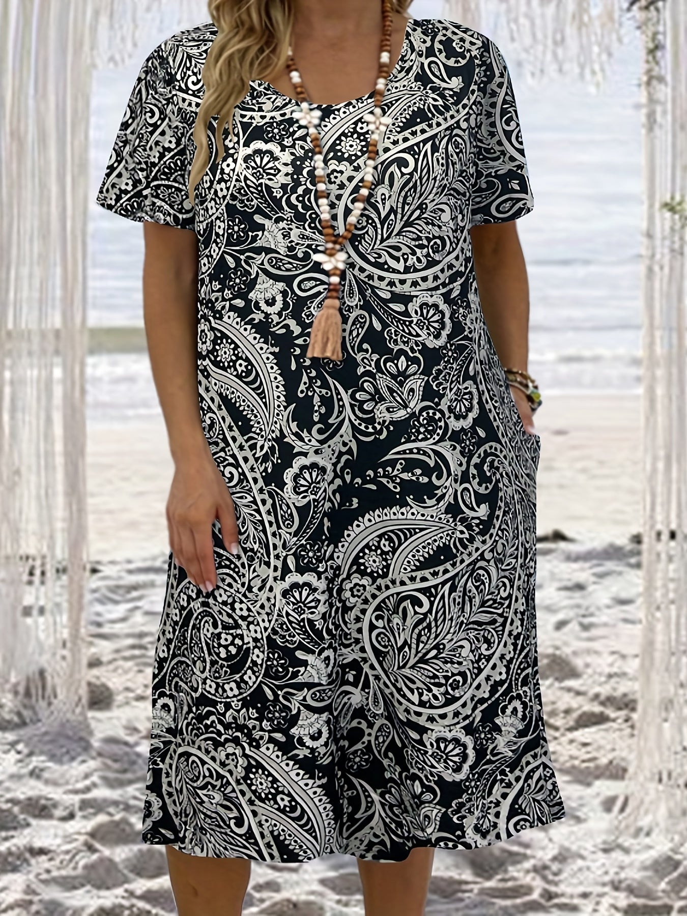 Paisley Print Short Sleeve Casual Dress with Pockets