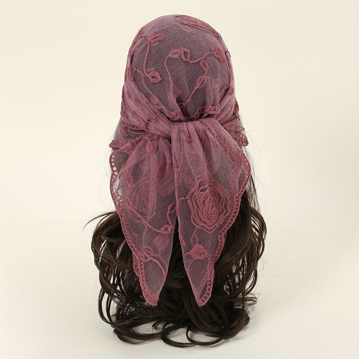 Rose Embroidery Gauze Square Scarf Lace Bandana Women Casual Head Wrap