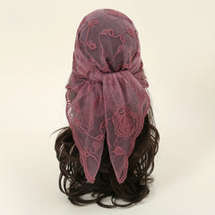 Rose Embroidery Gauze Square Scarf Lace Bandana Women Casual Head Wrap