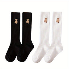 Girls Cartoon Bear Cotton Blend Knee High Socks - Striped Stockings