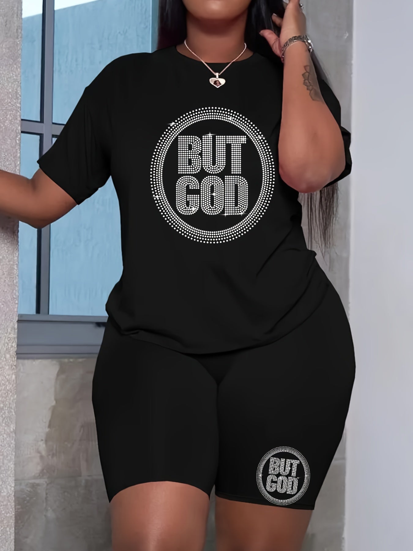 Rhinestone Letter Tee & Biker Shorts Set Plus Size 2pcs Outfit