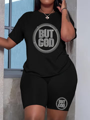 Rhinestone Letter Tee & Biker Shorts Set Plus Size 2pcs Outfit