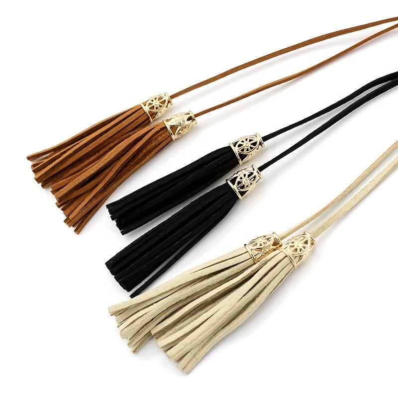 Boho Tassel Sash Belt Flower Hollow Knotted Belt Solid Waistband