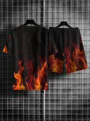 3D Fire Print Men's Casual Outfits Set Short Sleeve T-shirt Drawstring Shorts