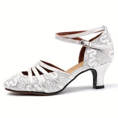Women's Embroidered Satin Latin Dance Shoes Non Slip Professional Medium Heel