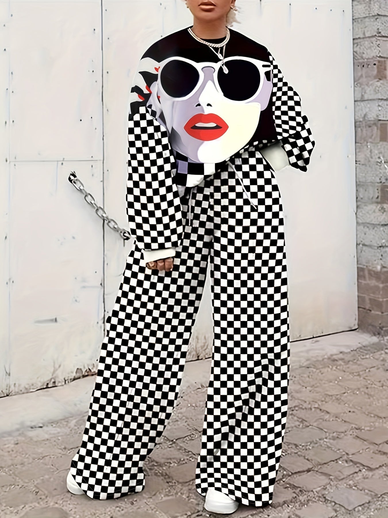 Funny Face & Checkerboard Print Top & Pants Set