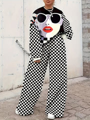 Funny Face & Checkerboard Print Top & Pants Set