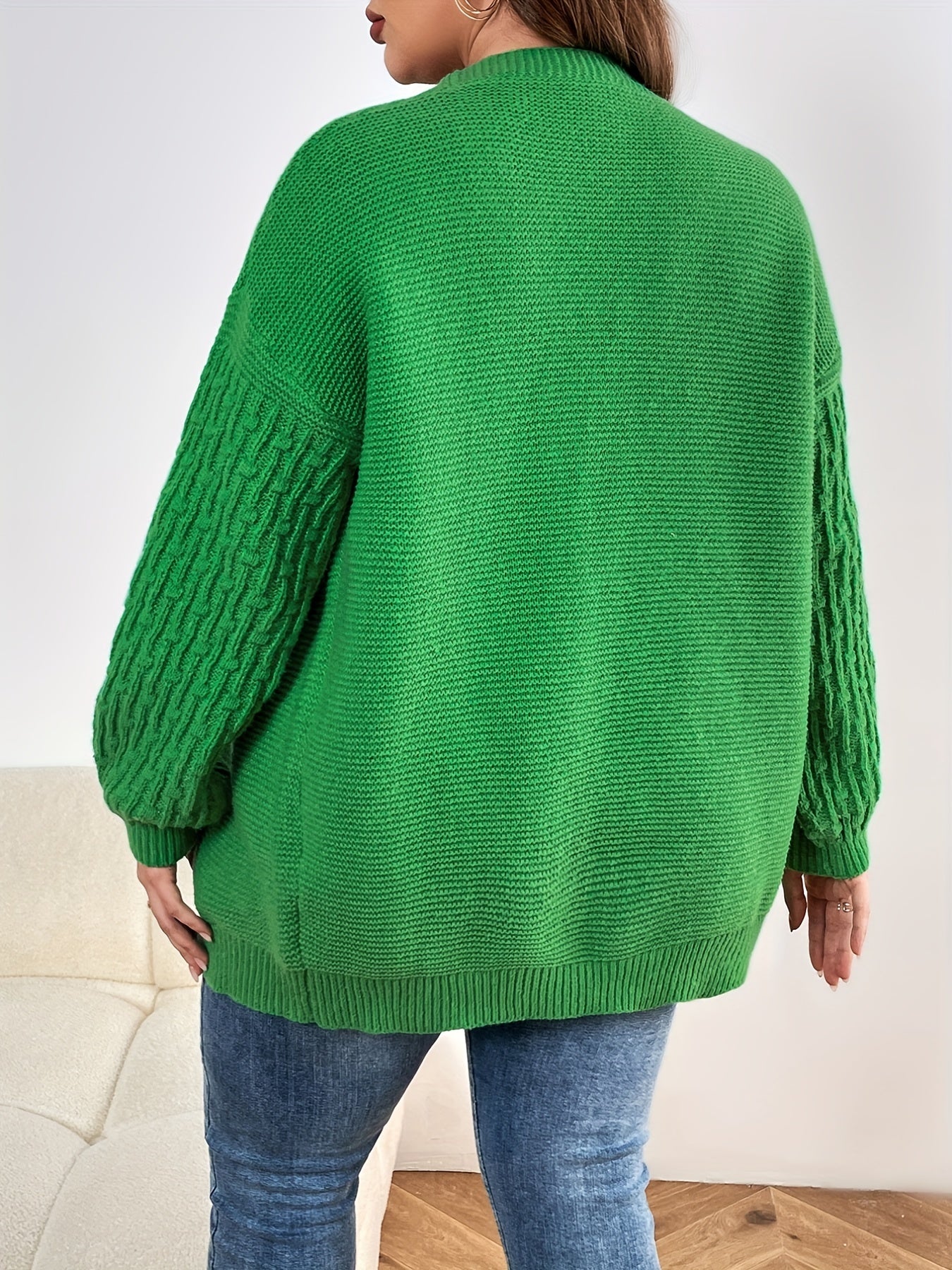 Plus Size Solid Lantern Sleeve Open Front Cardigan