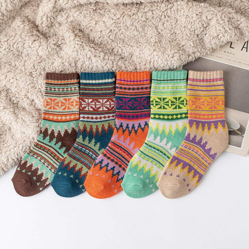 5 Pairs Women's Thick Warm Ethnic Wool Socks Curry Stripes