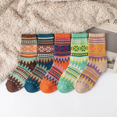 5 Pairs Women's Thick Warm Ethnic Wool Socks Curry Stripes