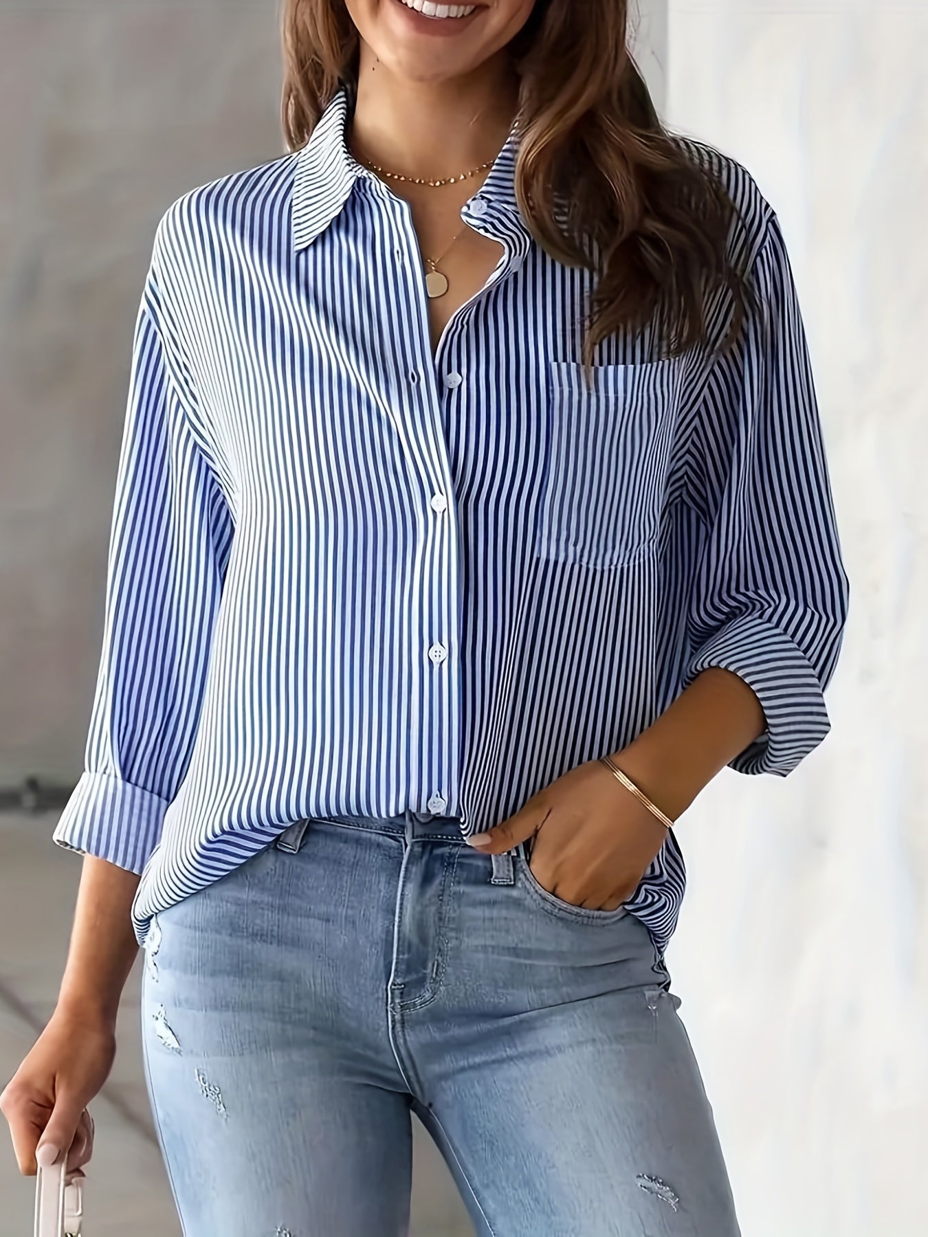 Stripe Print Button Up Long Sleeve Blouse