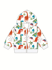 Boy Dinosaur Print Hooded Jacket, Sports Cardigan