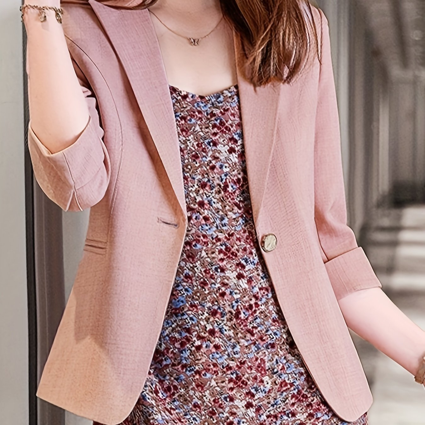 Solid Button Front Blazer Lapel Roll Up Sleeve Blazer